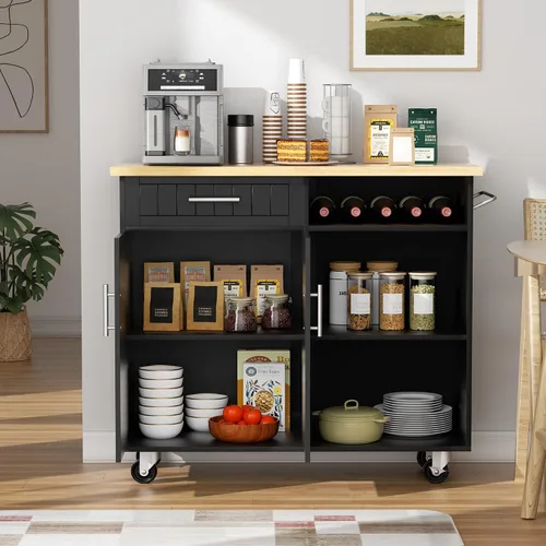 Miniatura 8 de SUNLEI Carrito de isla de cocina con ruedas con armario de almacenamiento y cajón, armario de cocina multifunción de 42 pulgadas con estantes, asa