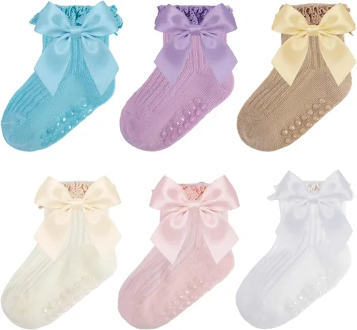 Miniatura 12 de Calcetines para bebé niña con agarre antideslizante con volantes con lazos, algodón suave, calcetines con empuñaduras para bebé recién nacido