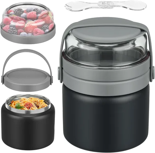 Termo 2 en 1 para alimentos calientes con contenedor de bocadillos Tritan de 13.5 oz, tarro de alimentos aislado para almuerzo de niños, tarro