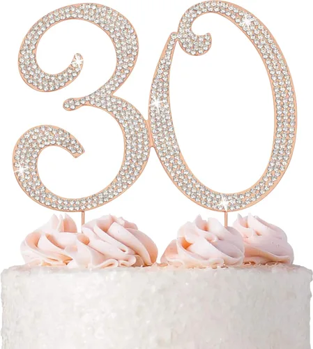 Decoración de 30 tartas – Metal de oro rosa de alta calidad – Decoración de diamantes de imitación brillantes para fiesta de cumpleaños número 30 o