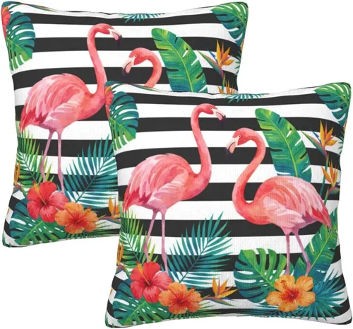 Pink Flamingos Throw Pillow Covers Set of 2 - Plant and Flower Soft Velvet Decorative Cushion Cases for Sofa Bedroom Living Room, Square 16"x16"
