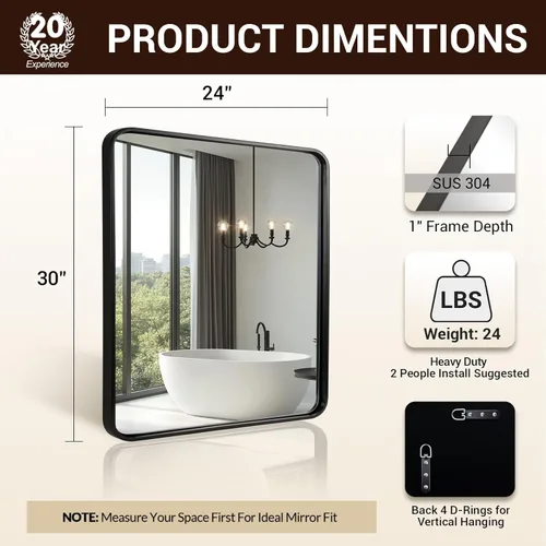Miniatura 2 de ANDY STAR Espejo de baño negro de 24 x 30 pulgadas, espejos de tocador de baño negros para pared, espejo rectangular redondeado para fregadero