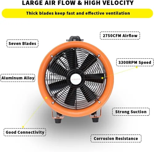 Miniatura 2 de Soplador utilitario de 8 pulgadas, ventilador de alta velocidad con manguera de conducto, ventilador portátil de bajo ruido, extractor de humos
