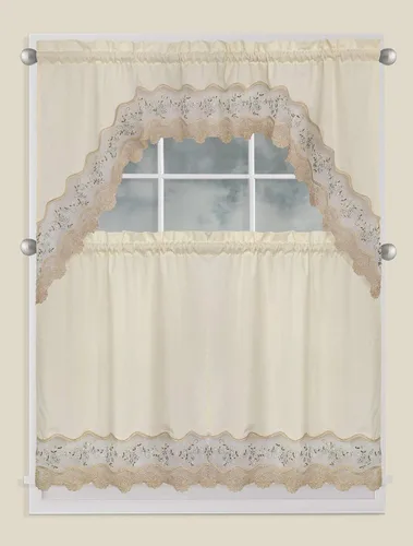 Fancy Collection 001092 - Juego de 3 cortinas de cocina y cafetería, color blanco con bordado floral (60 x 38 pulgadas, beige/verde)