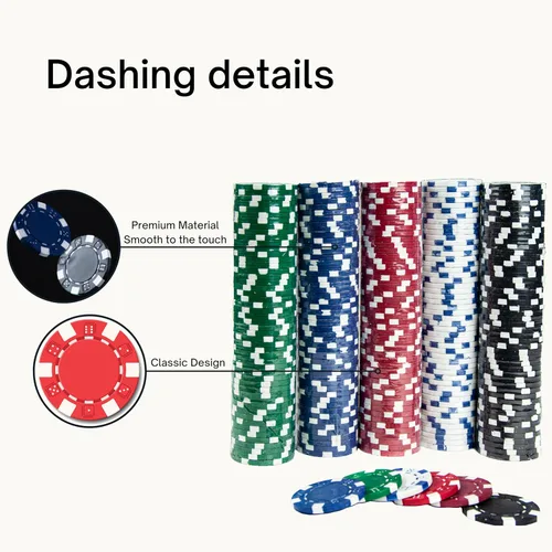 Miniatura 7 de Tradeopia Juego de 500 fichas de póquer con estuche de aluminio, incluye 1 ficha de distribuidor, 2 barajas de cartas, 5 dados rojos, juego