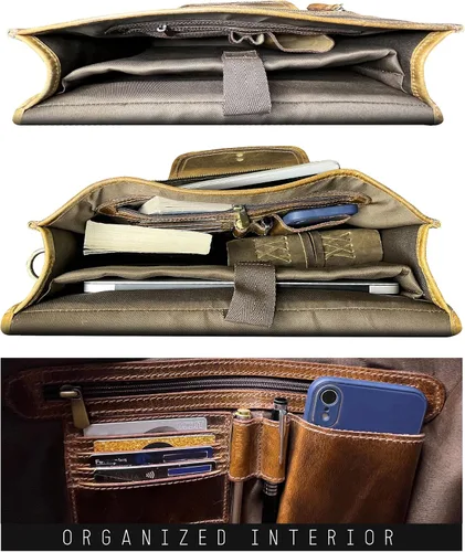 Miniatura 4 de RUSTIC TOWN Bolso bandolera de cuero para hombre – Maletín de cuero de grano completo para laptop, bolsa de viaje cruzada de oficina Marrón