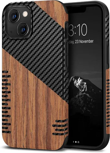 Miniatura 12 de TENDLIN Compatible con iPhone 13 mini - Funda de grano de madera con textura de fibra de carbono, funda híbrida de cuero compatible con iPhone 13