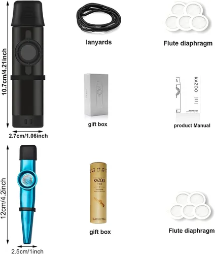 Miniatura 6 de Kazoo - Instrumento musical de metal profesional con 5 membranas adicionales, tono ajustable para guitarra, ukelele, piano y canto, latón duradero
