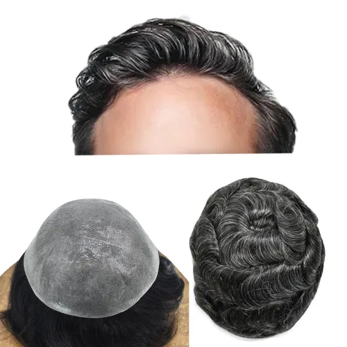 Miniatura 19 de Pieza de pelo para hombre, sistema de reemplazo de cabello de piel ultra fina para hombres, pieza de pelo de tupé para hombres, cabello humano real
