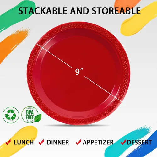 Miniatura 4 de WELLIFE Platos de plástico rojos de 9 pulgadas, 50 unidades, platos desechables para fiesta, día de la madre, plato para cena, postre, suministros