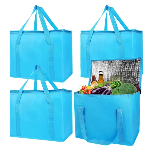 Miniatura 14 de musbus Paquete de 4 bolsas de compras aisladas XL, rojas, bolsa refrigeradora, cremallera, plegables, bolsa de mano, frío y caliente, para Rojo