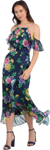 Miniatura 2 de London Times Vestido largo con hombros descubiertos y cuello halter para mujer, con volantes femeninos, ocasión para invitada de fiesta en el jardín
