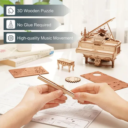 Miniatura 8 de ROKR Rompecabezas de madera 3D para adultos, 223 piezas, kit de modelo de piano a escala 1:20, rompecabezas de construcción, caja de música