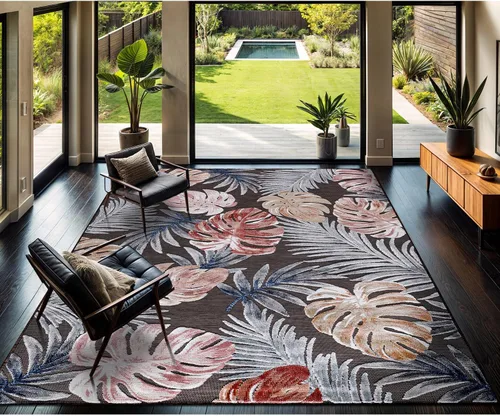 Miniatura 43 de CAMILSON Alfombra para Interiores y Exteriores, Alfombras de Área Azules 5x7 con Hojas Tropicales Botánicas para Patios Interiores y Exteriores