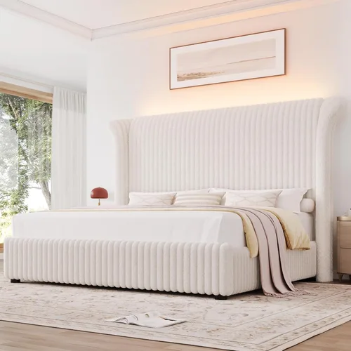 Keyluv Marco de Cama Queen con Cabecera Alta Tipo Ala de Piel Sintética de 54", Cama Plataforma Tapizada con Luz LED, Base de Colchón con Soporte de