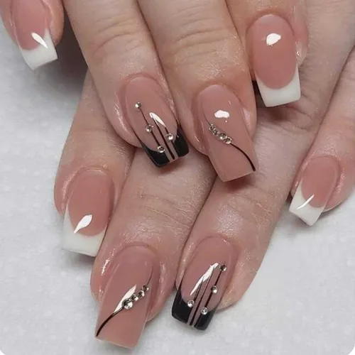 Miniatura 11 de RikView uñas postizas de punta francesa de longitud media, uñas negras adhesivas, uñas cuadradas naturales para mujeres