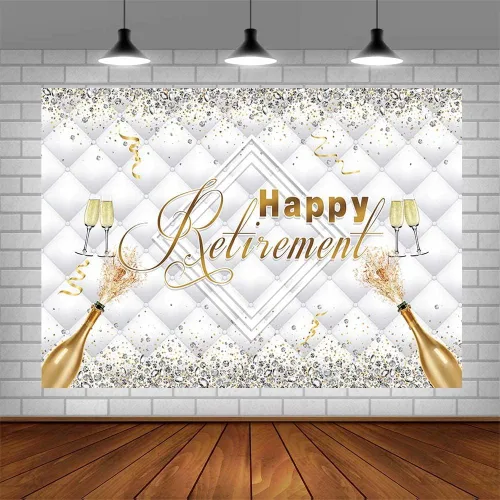 Miniatura 5 de SENDY Telón de fondo de feliz jubilación de 7 x 5 pies con purpurina de diamante dorado plateado para decoración de fiesta, felicitaciones