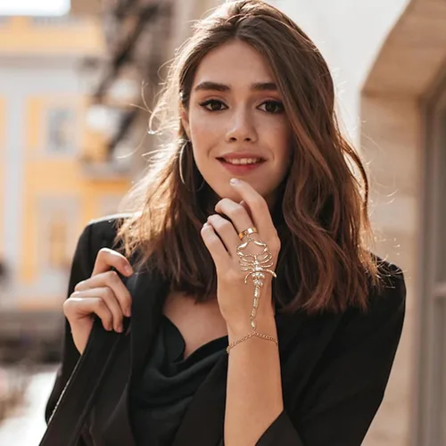 Miniatura 7 de Pulsera de cadena de mano dorada para mujer, pulsera de anillo con dije de serpiente, pulsera de cadena de mano de araña de escorpión