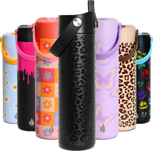 Miniatura 56 de Elemental Botella de agua aislada de 24 onzas con popote, botellas de agua con núcleo de acero inoxidable 100% a prueba de fugas para viajes, Beige