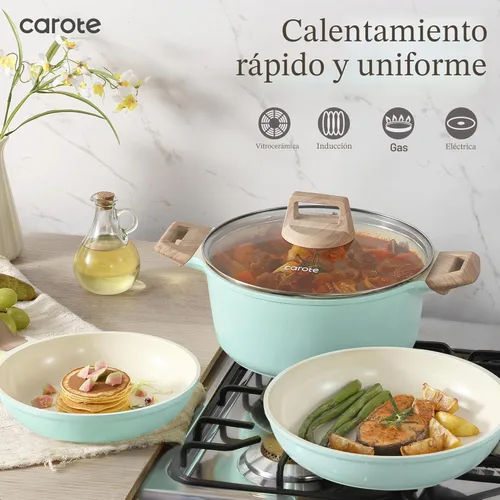 Miniatura 7 de CAROTE Juego de ollas y sartenes de cerámica de 21 piezas, juego de utensilios de cocina antiadherente para inducción, saludable no tóxico, libre