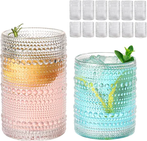 Miniatura 13 de ZMOWIPDL Juego de vasos de vidrio vintage de 6 vasos de vidrio de hobnail de 15 onzas, vaso de agua azul en relieve, para cerveza, cóctel, whisky