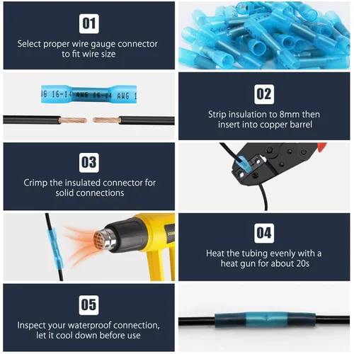 Miniatura 5 de 200 conectores de cable termorretráctiles de 16-14 AWG, conectores de cable eléctrico aislados, impermeables, terminales de crimpado de alambre