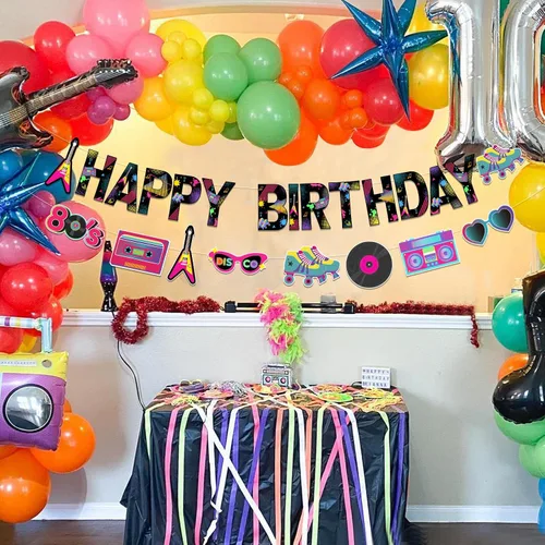 Miniatura 2 de Sursurprise Decoraciones de fiesta temática de regreso a los 80, pancarta de feliz cumpleaños de los años 80, suministros de fiesta de cumpleaños