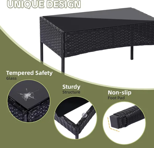 Miniatura 5 de Juego de muebles de patio, juego de 4 piezas para conversación de jardín, mesa y sillas de mimbre para exteriores, juego de patio negro, sofá