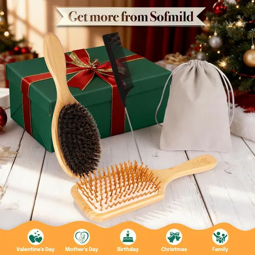 Miniatura 7 de Sofmild Juego de cepillos de pelo de bambú natural para mujeres, hombres y niños, cepillo desenredante para cabello grueso y rizado y húmedo
