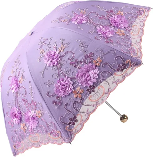 Miniatura 68 de Honeystore Sombrilla bordada con flor 3D plegable UV con encaje clásico