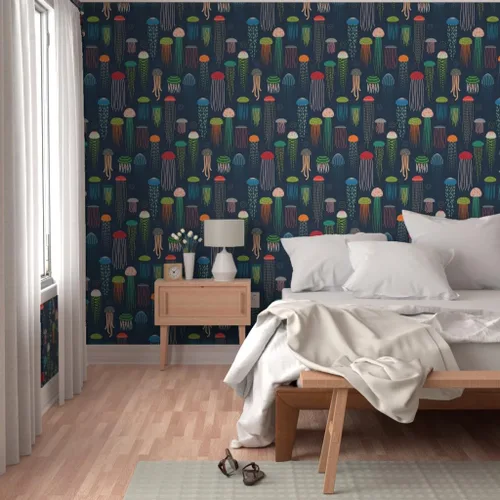 Miniatura 5 de Muestras de papel tapiz para despegar y pegar, medusas brillantes y modernas, animales coloridos océanos, natación, criaturas marinas, decoración
