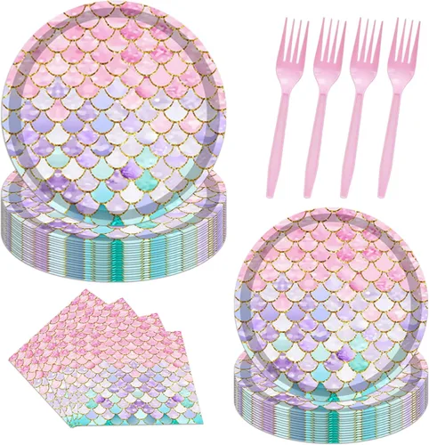 Juego de vajilla de 96 piezas de platos y servilletas de sirena, suministros para fiesta de cumpleaños de sirena, decoración de fiesta de cumpleaños