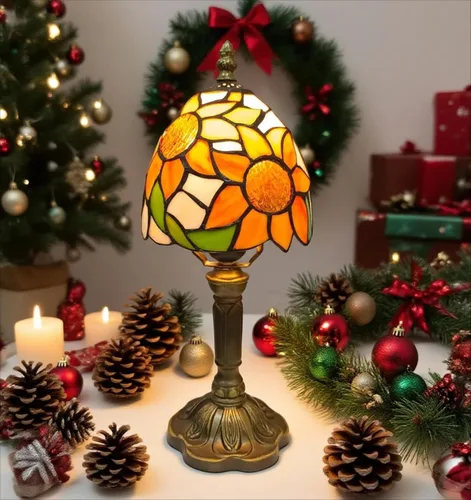 Miniatura 5 de BMXKPO Lámpara de mesa estilo Tiffany, lámpara de vidrio emplomado de girasol, pequeña lámpara de noche antigua de 6 pulgadas, para dormitorio, sala
