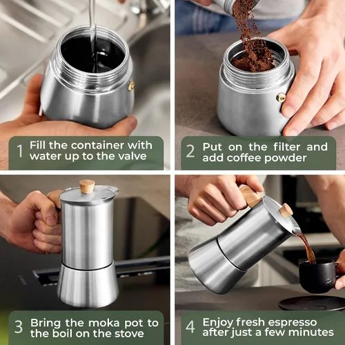 Miniatura 5 de WALDWERK Cafetera Moka de Acero Inoxidable (10 oz) - Cafetera Moka Libre de Tóxicos con Mango de Madera de Roble - Cafetera de Estufa para Espresso