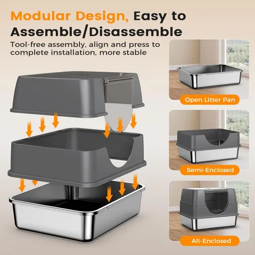 Miniatura 4 de Caja de arena de acero inoxidable con tapa, caja de arena grande cerrada para gatos y gatos múltiples, tapa abatible fácil de limpiar, bandeja