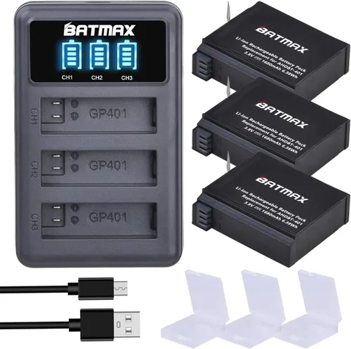 Batmax Paquete de 3 baterías AHDBT-401 de 1680 mAh + LED 3 ranuras cargador USB para Gopro Hero 4 Batería Go Pro Hero4 AHBBP-401 Accesorios para