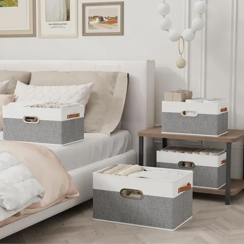 Miniatura 2 de Yawinhe Cestas de almacenamiento de tela, organizador plegable de armario para estantes, cajas grandes con 3 asas, contenedores de lona para ropa