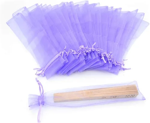 Miniatura 8 de 50 bolsas de organza transparente para abanicos, bolsas de regalo de organza plegables de 2 x 10 pulgadas con cordón, bolsas de seda para recuerdos
