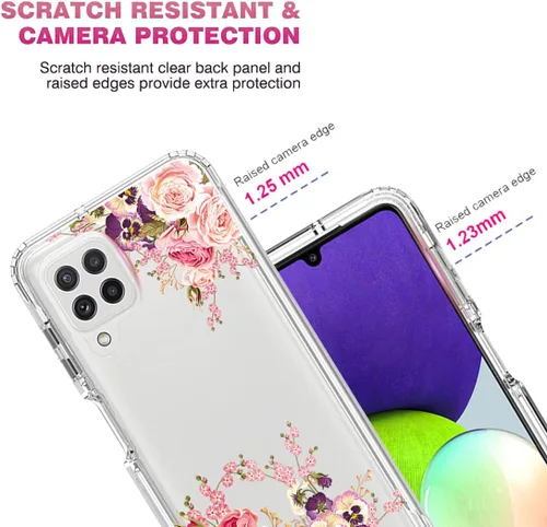 Miniatura 2 de Funda para Samsung Galaxy A22 4G/M32 4G SM-A225F con protector de pantalla de vidrio templado, cuerpo completo transparente con diseño floral, Flor