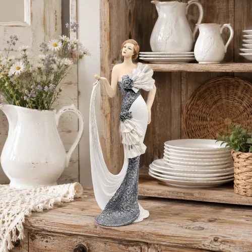 Miniatura 7 de Comfy Hour Figura de dama victoriana de 13 pulgadas, elegante estatua de mujer en vestido blanco y plateado, estilo art déco de los años 20, acento