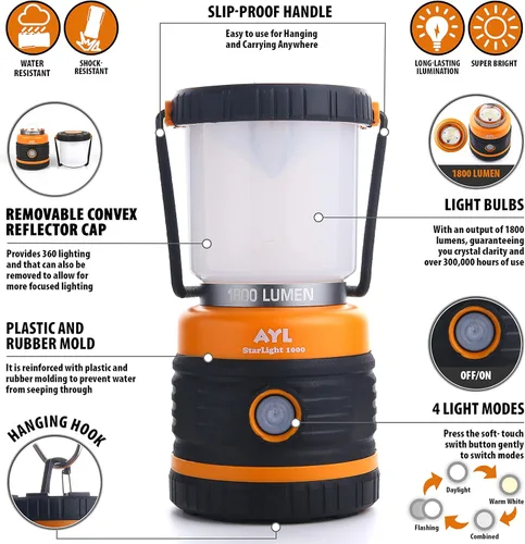 Miniatura 3 de Linterna LED para campamento recargable, 1800 lúmenes, 4 modos de luz, banco de energía de 4400 mAh, impermeable IP44, linterna perfecta para Negro