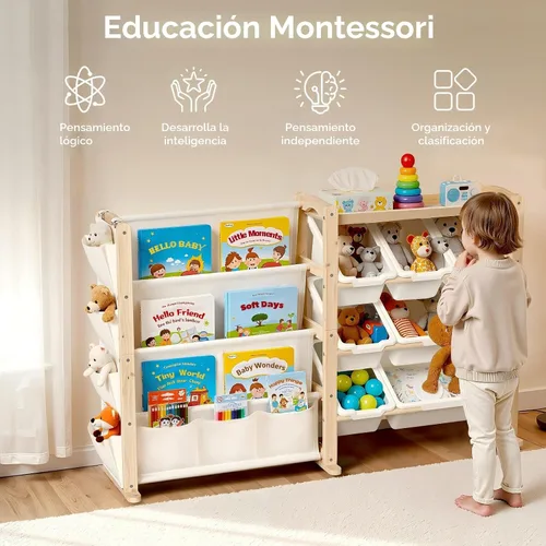 Miniatura 7 de Fodoss Estante para libros para habitaciones de niños, organizador de almacenamiento de juguetes con estantería, estantería de madera maciza