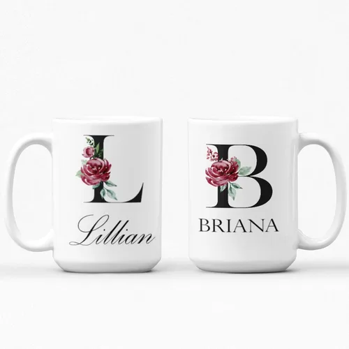 Personalized Mug with Floral Inital and Name, Letters A-Z | Coffee Mug for Bridesmaid Gift, Teachers Gift, Girls Trip Gift, Favors & More