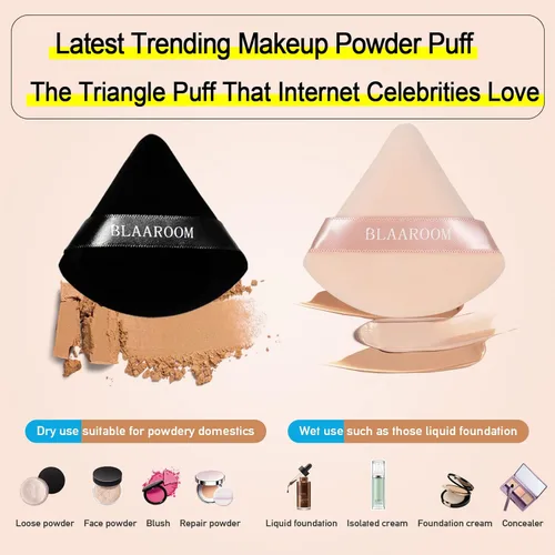 Miniatura 3 de 6 piezas de maquillaje facial de terciopelo suave triangular, para polvo suelto, polvo mineral, polvo corporal, base cosmética húmeda y seca, Negro
