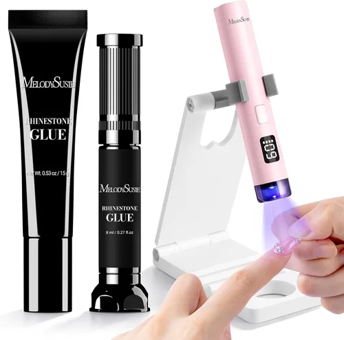 MelodySusie Luz UV de mano para uñas de gel con soporte y juego de pegamento de diamantes de imitación, mini lámpara de uñas inalámbrica portátil