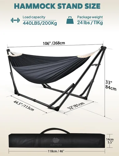 Miniatura 3 de Anyoo Hamaca y silla oscilante 2 en 1 con soporte de acero plegable y funda de transporte, portátil y ajustable, fácil de instalar para exteriores