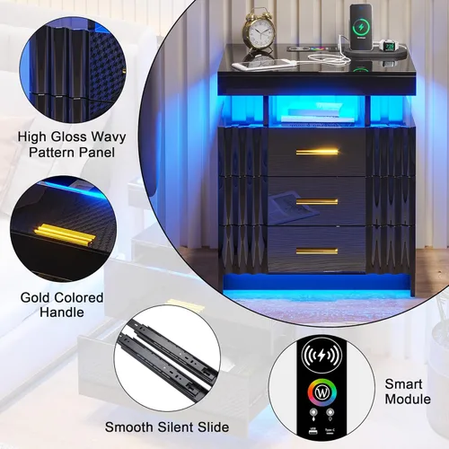 Miniatura 6 de HNEBC Mesita de noche LED, mesita de noche negra con estación de carga, USB + tipo C + carga inalámbrica, mesita de noche inteligente con sensor