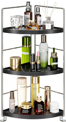 Organizador de esquina de baño de 3 niveles, estante de almacenamiento de maquillaje para el cuidado de la piel, organizador de encimera de Negro
