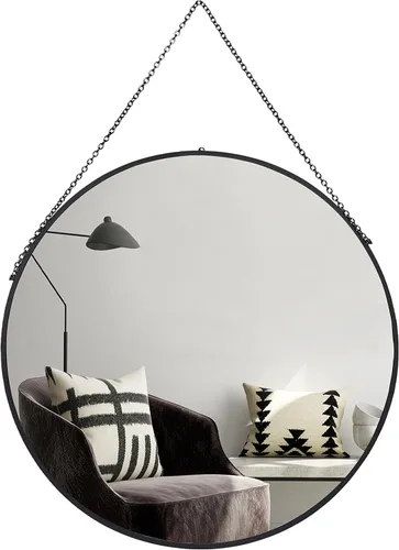 Camden Reed Espejo de pared redondo de metal negro colgante de 23.5 pulgadas con cadena, espejo de acento, espejo de dormitorio, espejo de baño,