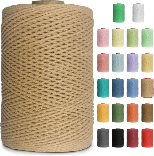 Miniatura 24 de Cuerda de macramé de colores de 0.039 in, cuerda de algodón de 656 pies, 3 hebras trenzadas, cuerda de algodón colorido para manualidades, Amarillo